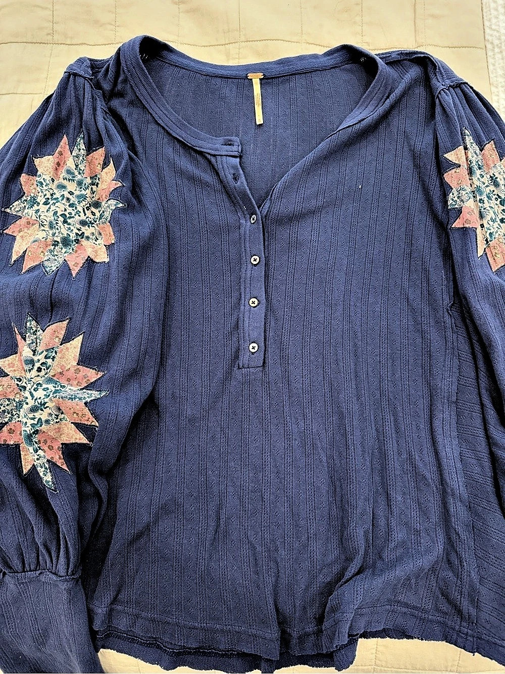 Free People Wildflower Patchwork Thermal Top in Blue & Pink XL